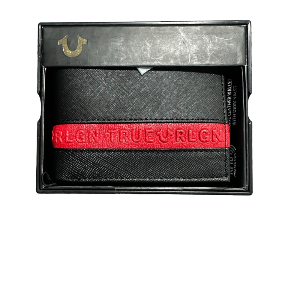 True Religion GENUINE LEATHER MEN'S WALLET Bi-Fold BLACK/RED  NWT